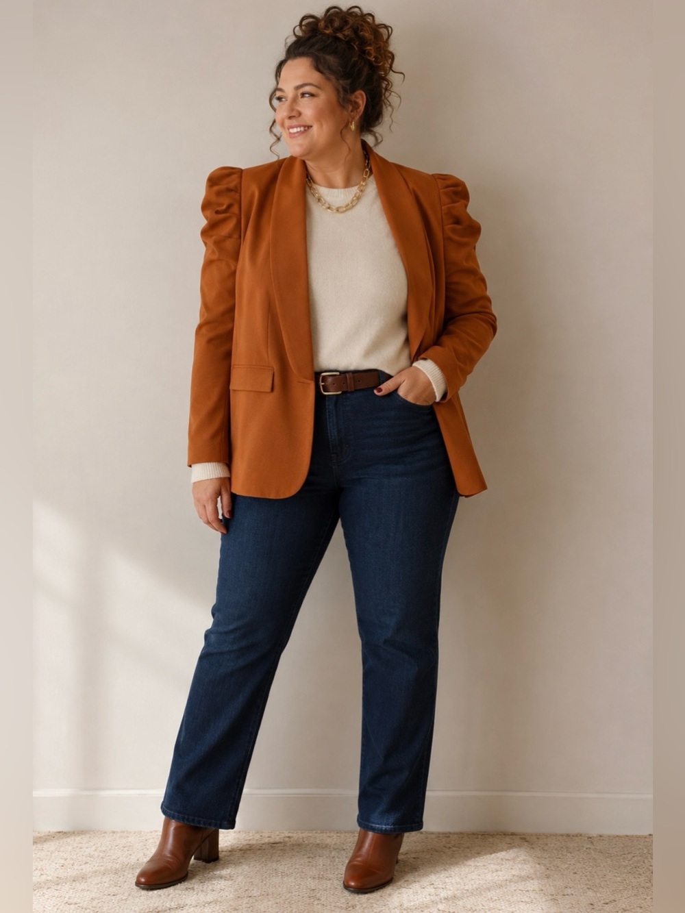 Rust Cognac Ruched Puff Sleeve Blazer Jacket 2XL